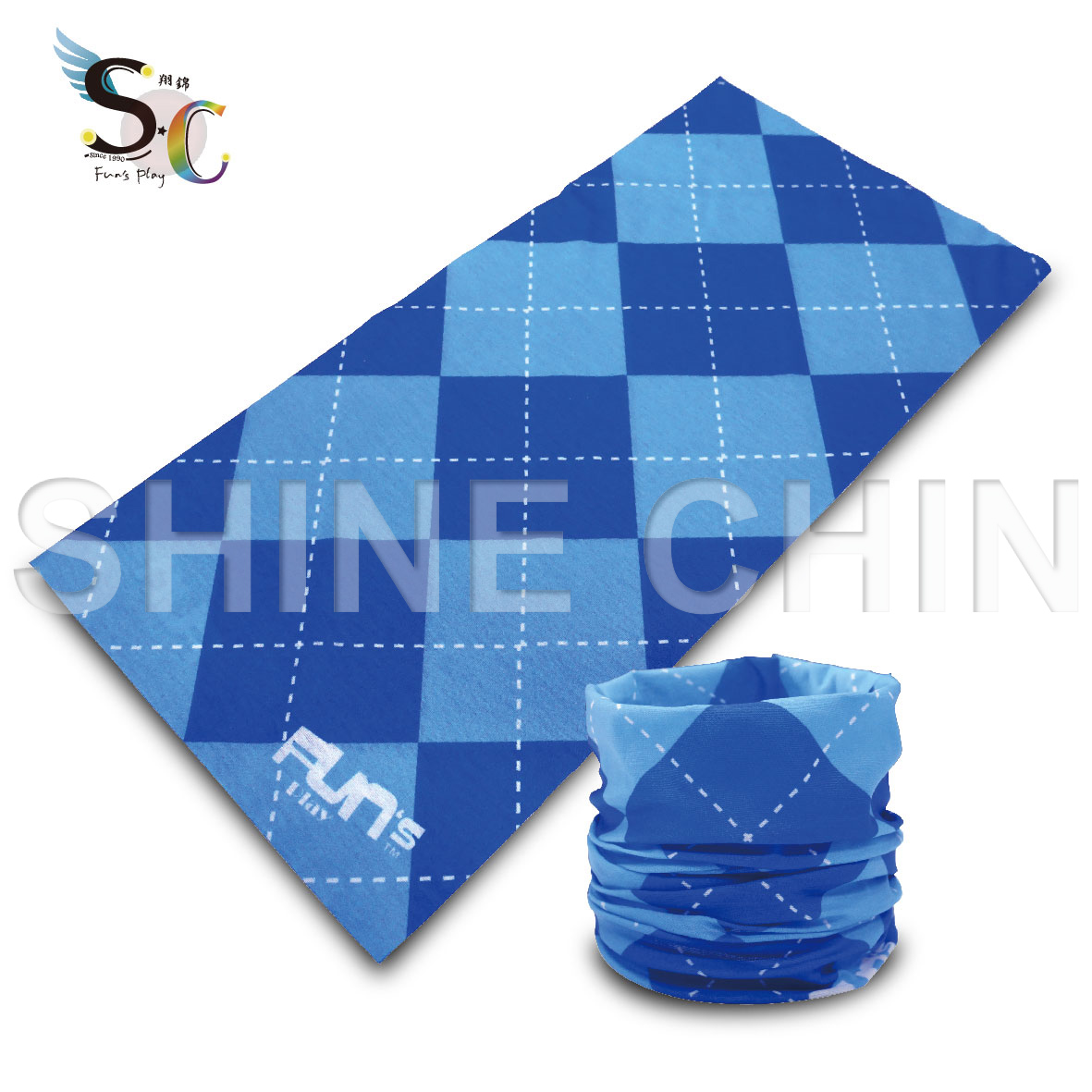 T-2074_藍格紋菱形頭巾 魔術頭巾
